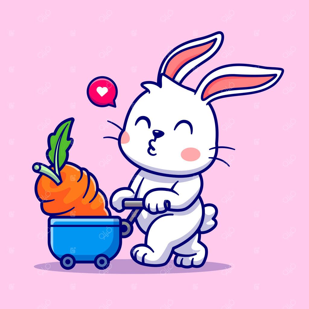 آیکون کارتونی خرگوش بامزه با چرخ دستی و هویج. آیکون حیوانات و طبیعت به صورت جداگانه