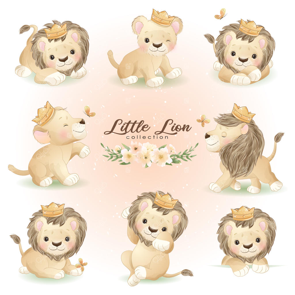 نقاشی شیر بامزه در حالاتی با طرح گل‌ها