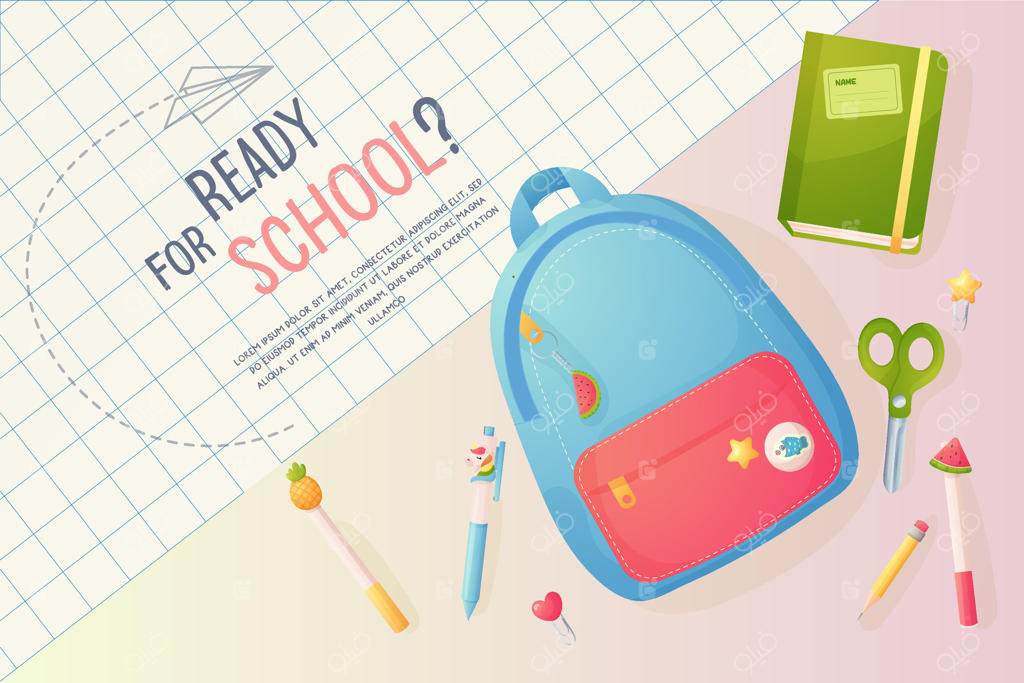 تصویرسازی آماده‌سازی کیف و لوازم‌التحریر برای مدرسه.