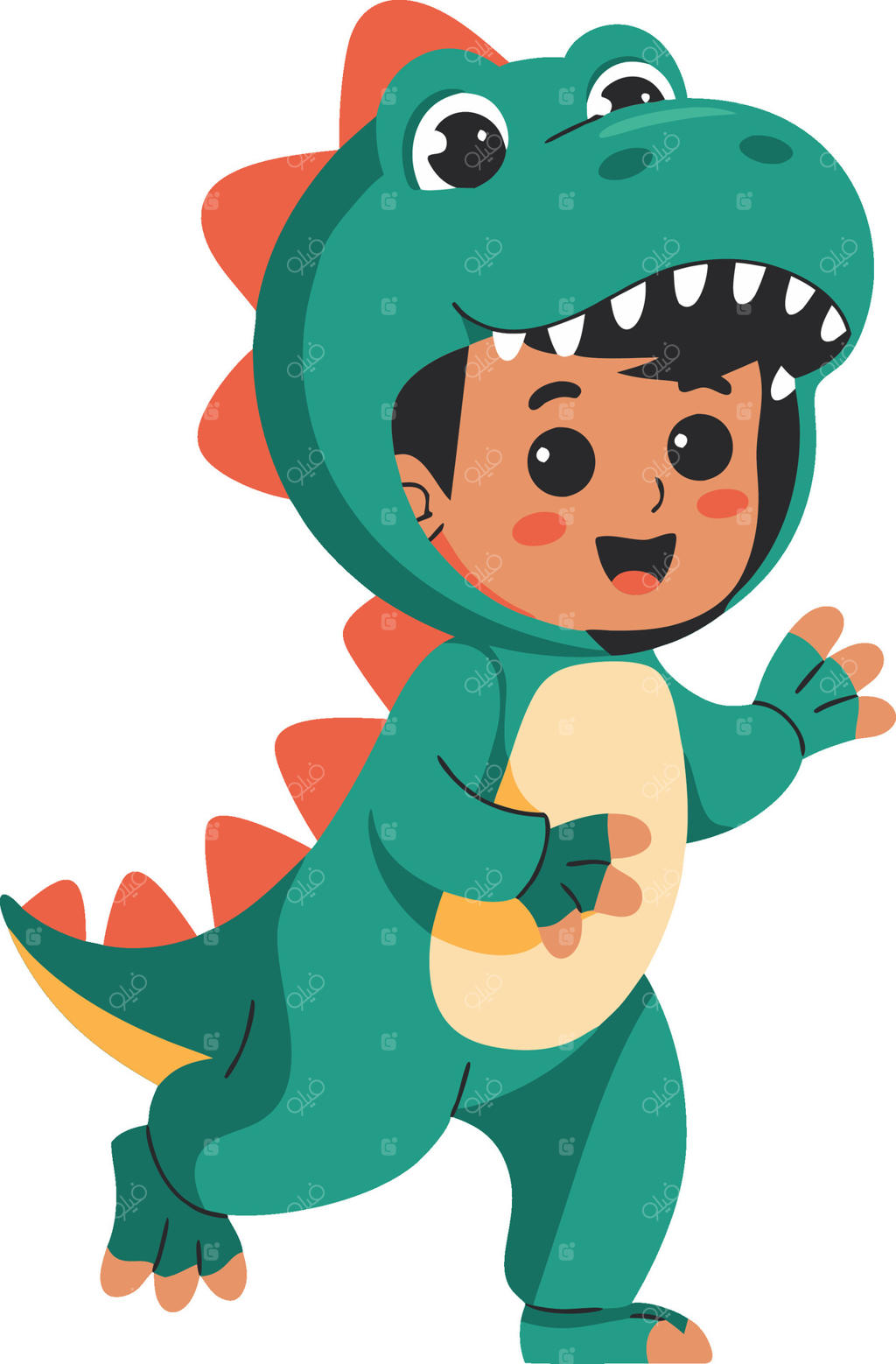 تصویرسازی کودک بامزه با لباس دایناسور برای جشن‌ها و رویدادهای کودکانه