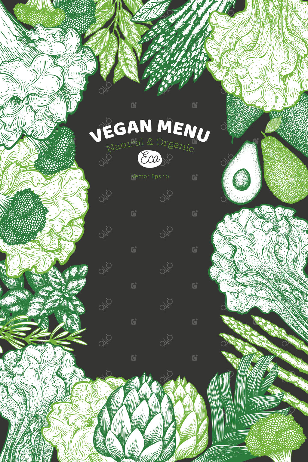 پس‌زمینه‌ی طراحی سبزیجات سبز. تصویر غذایی دست‌کشیده شده بر روی تخته سیاه