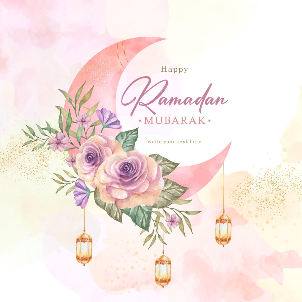 نقاشی ماه هلال صورتی با تزئین رز روی کارت تبریک رمضان مبارک