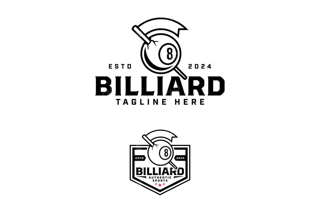 طراحی لوگوی 8 توپ بیلیارد با چوب و نشان پرچم. مجموعه طراحی لوگوی توپ بیلیارد سیاه 8 با چوب بیلیارد و طرح خطی پرچم. لوگوی تصویری توپ بیلیارد برای باشگاه و مسابقات بیلیارد