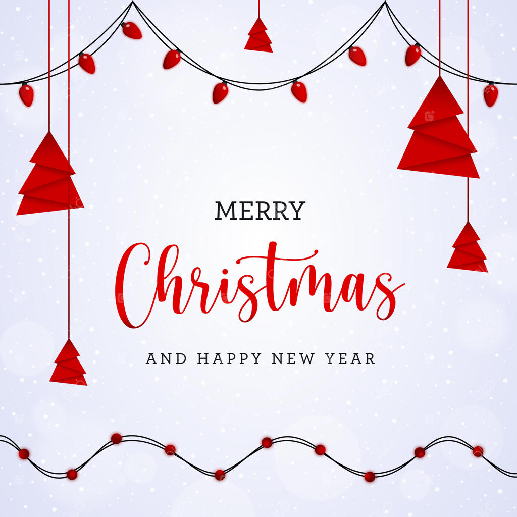 کارت کریسمس سفید با درخت قرمز آویزان و چراغ‌های روشن