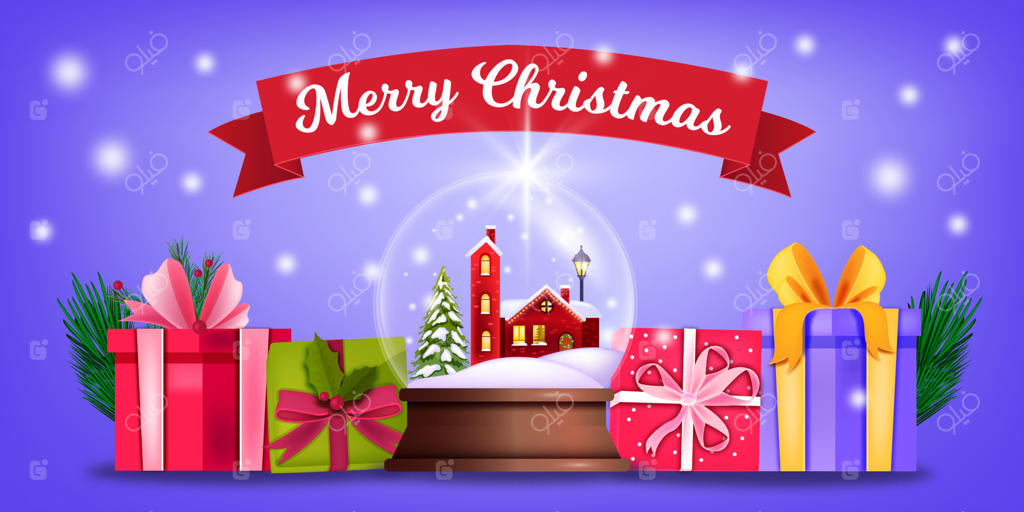 کریسمس زمستانی با گوله‌برفی، جعبه‌های کادو، روبان و چراغ‌های درخشان. پس‌زمینه تعطیلات کریسمس و سال نو با گوی بلورین و هدایا. کارت پستال تبریک جشن با گوله‌برفی