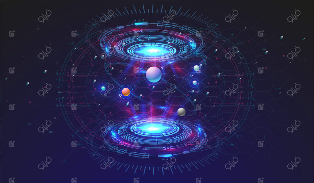 پس‌زمینه فناوری پیشرفته با عناصر HUD. طراحی رابط دایره‌ای آینده‌نگر. قالب انتزاعی آینده‌نگر. مدل فضایی انتزاعی.