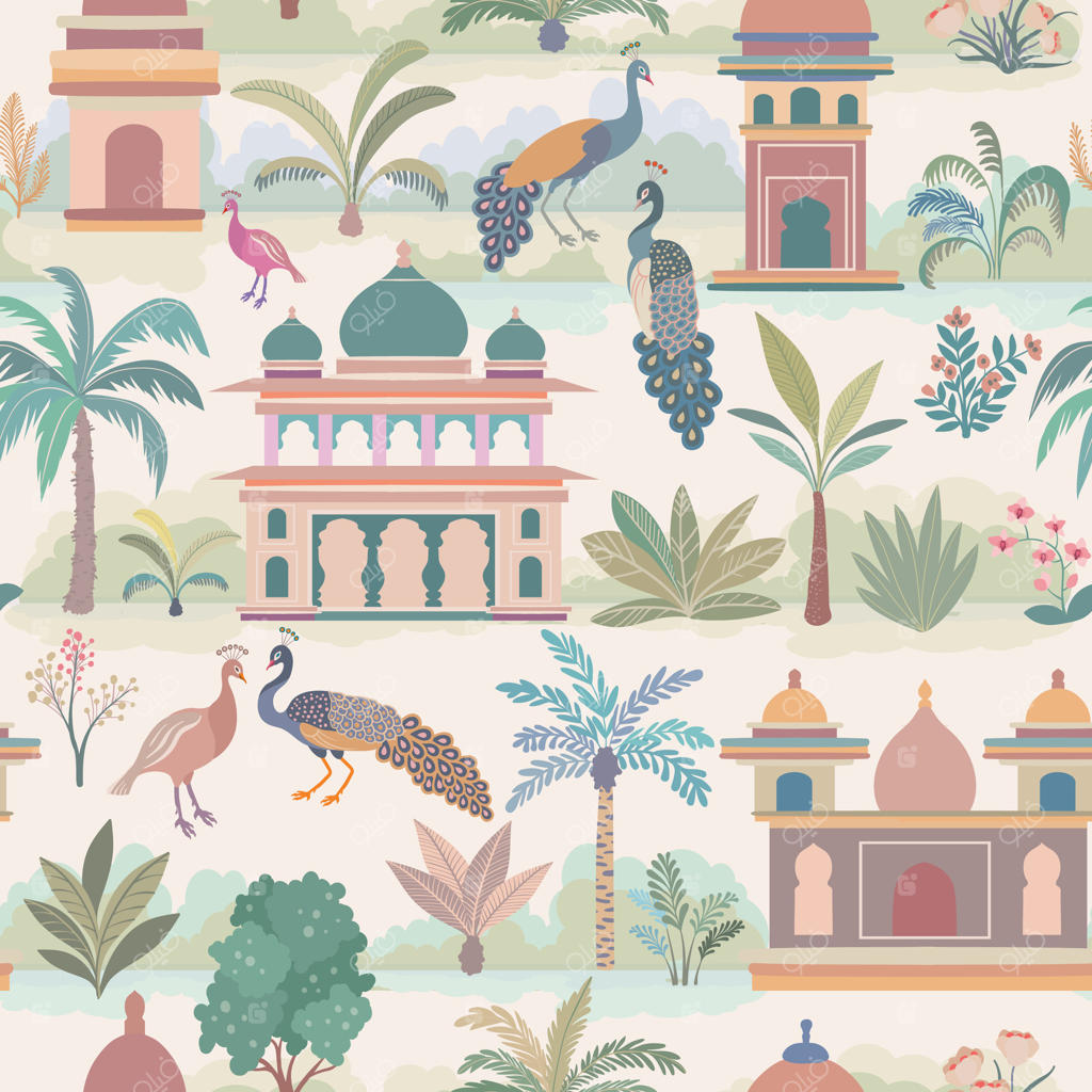 الگویی یکپارچه با عناصر هندی، درختان باغ، نخل‌ها، طاووس، قوس‌های معماری و کاخ‌ها.