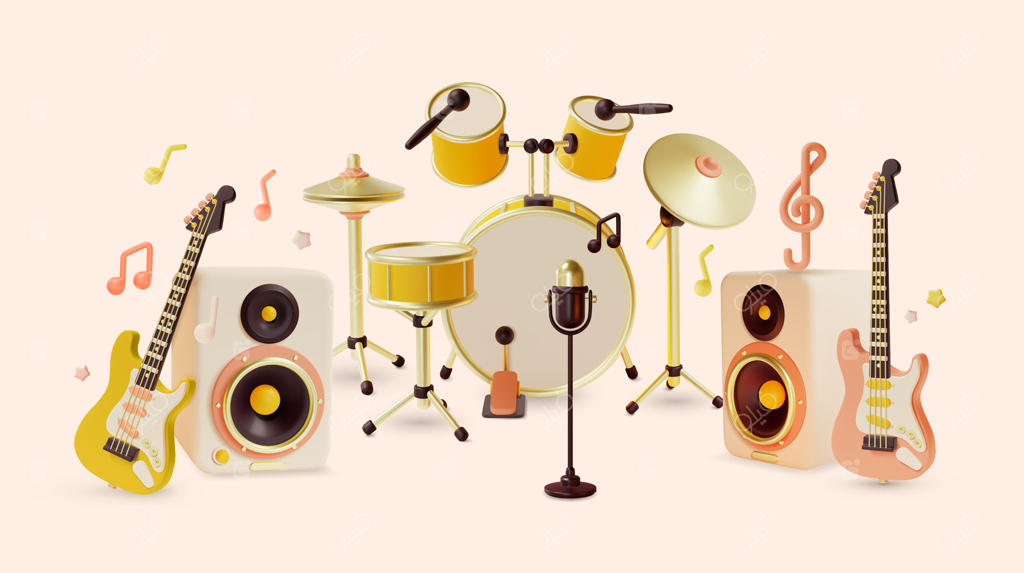 کنسرت سه‌بعدی با تجهیزات موسیقی به سبک کارتونی. وکتور