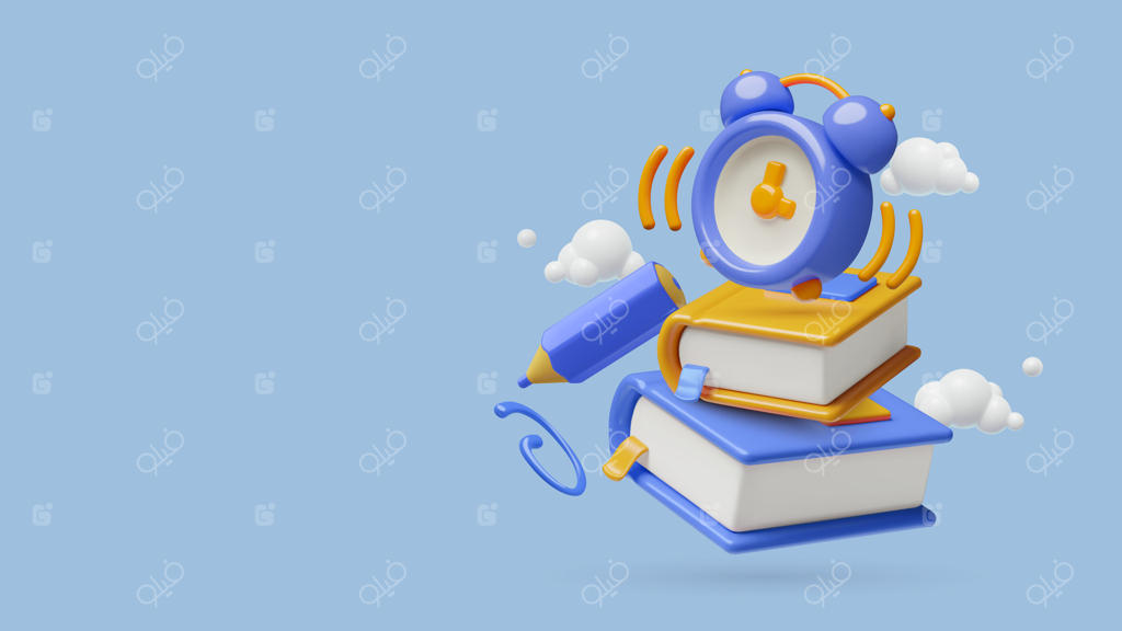 پس‌زمینه سه‌بعدی آموزشی با انبوهی از کتاب‌ها، ساعت زنگ‌دار و قلم در میان ابرها
