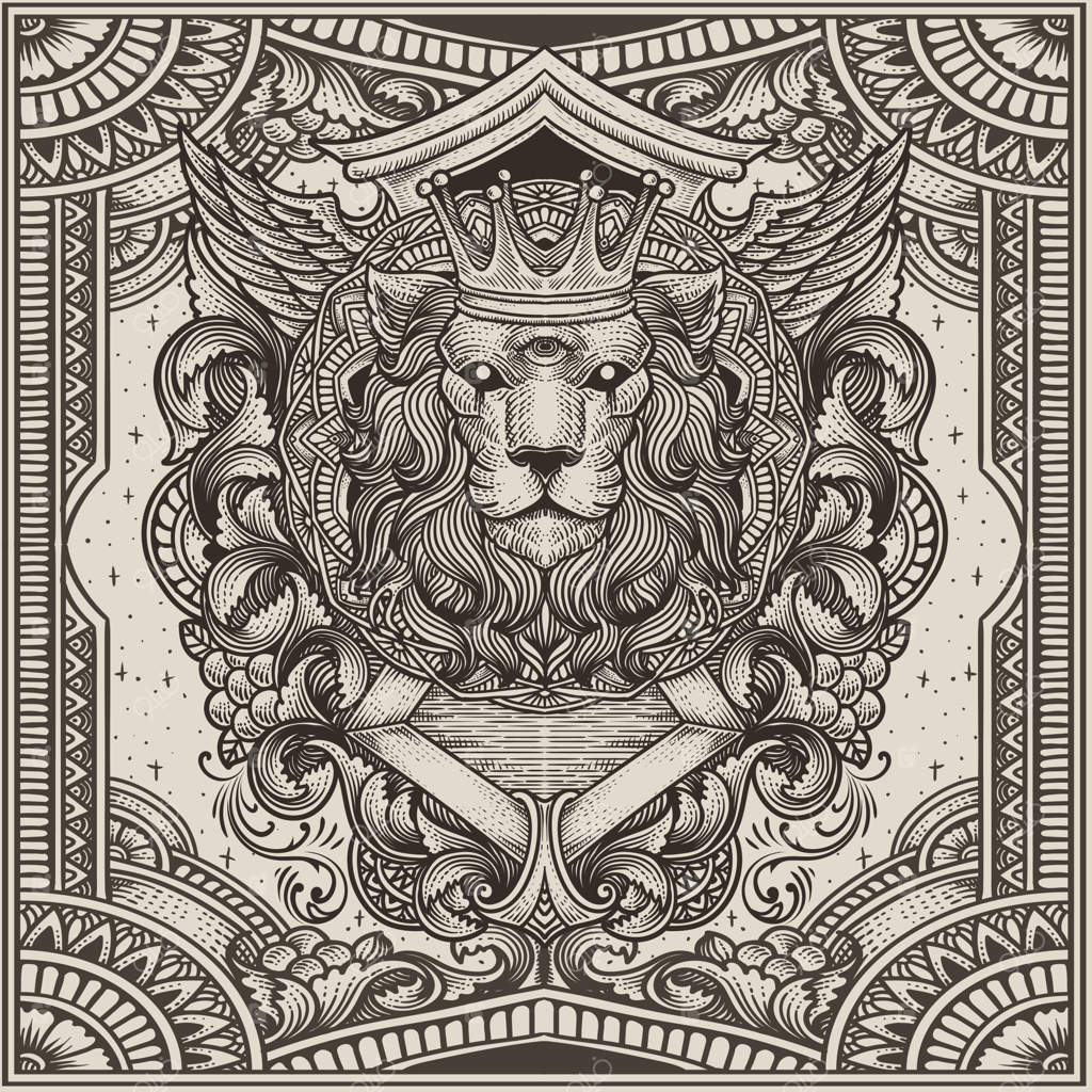 تصویر شیر شاه با طرح حکاکی عتیقه مناسب برای مرچندایز و تی‌شرت شما