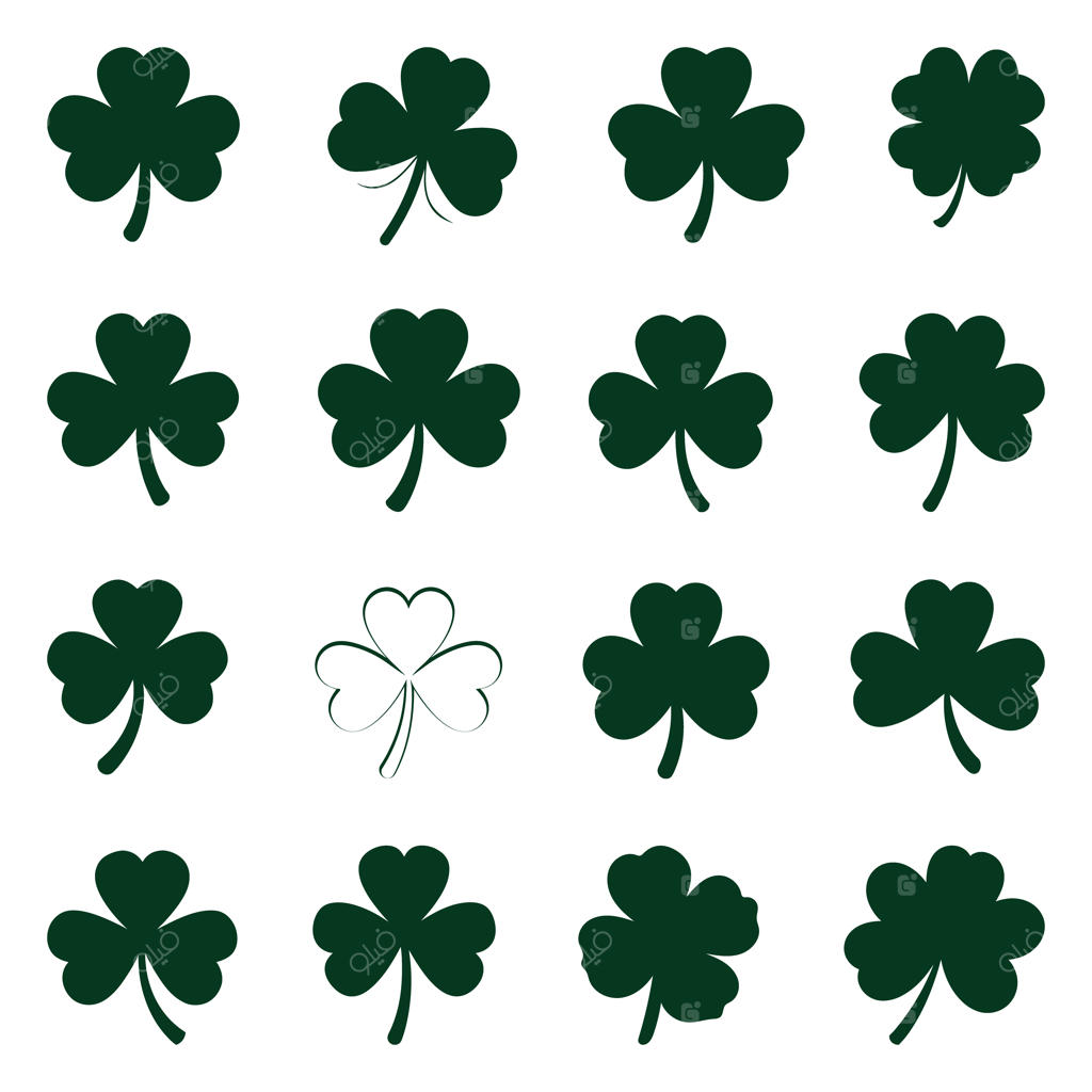 مجموعه وکتور و آیکون‌های تخت شبدر چهارپر و برگ شبدر ساده