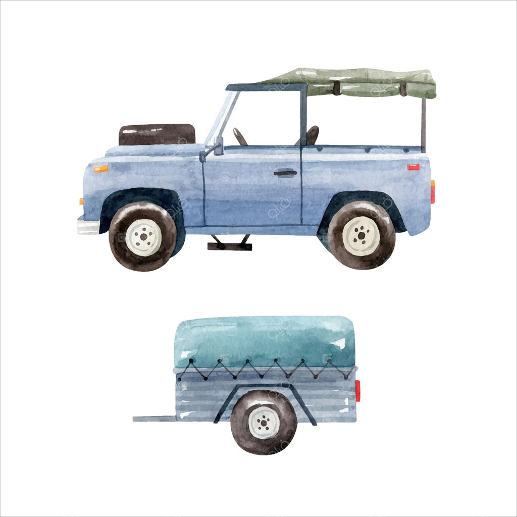 تصویر آبرنگی از یک خودروی سافاری آبی با چادر، نمای جانبی روی زمینه سفید