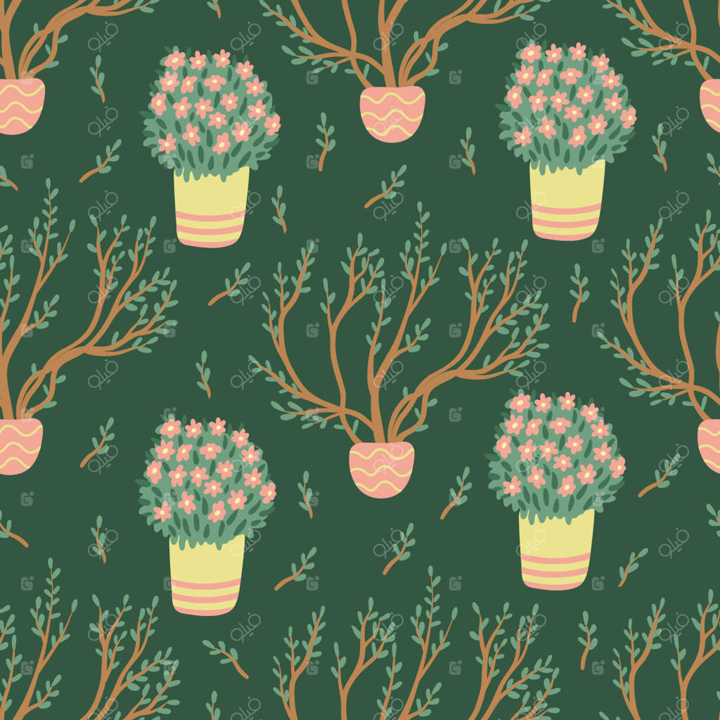 پترن بی‌وقفه گیاهان خانگی گل‌دار روی سبز تیره. تصویرسازی دستی و تخت. گیاهان گلدانی در باغ. ایده‌آل برای پارچه‌ها، کاغذهای کادو، کاغذ دیواری و جلدها.