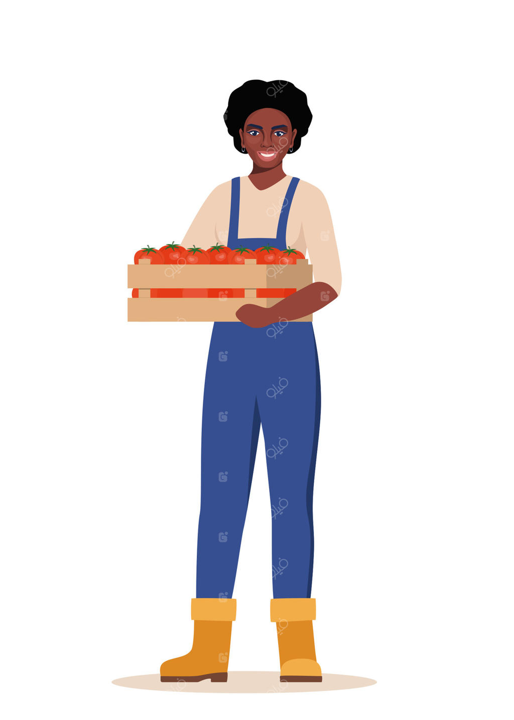 کشاورز زن سیاه‌پوست که جعبه‌ای از گوجه‌فرنگی‌ها در دست دارد. کار کشاورزی و باغبانی. کارگر کشاورزی، باغبان، کارشناس کشاورزی. نقاشی.