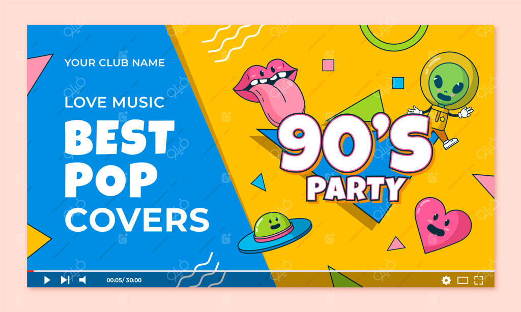 تصویر بندانگشتی مهمانی کارتونی دهه ۹۰ طراحی دست برای یوتیوب