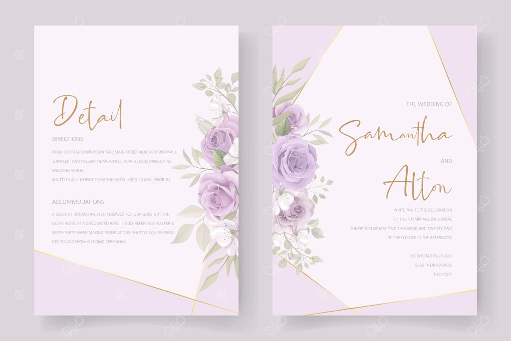 طراحی کارت دعوت عروسی با طرح گل‌ها و برگ‌های نرم و لطیف