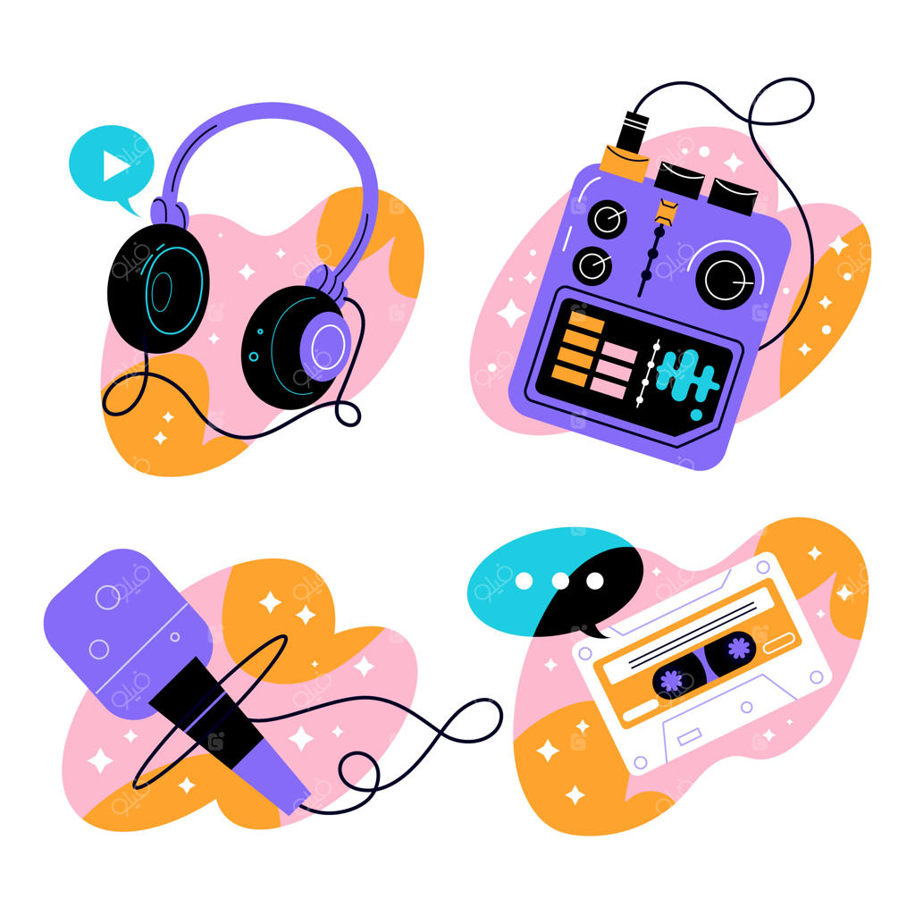 طراحی مجموعه برچسب پادکست دست‌ساز