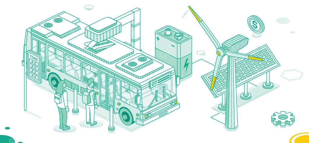 اتوبوس برقی ایزومتریک در ایستگاه شارژ با نیروگاه‌های بادی و صفحات خورشیدی - حمل و نقل عمومی سبز و دوستدار محیط زیست. باتری و انرژی پاک.