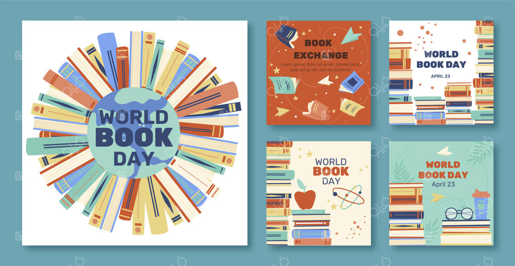 مجموعه پست‌های اینستاگرامی روز جهانی کتاب با طراحی دستی