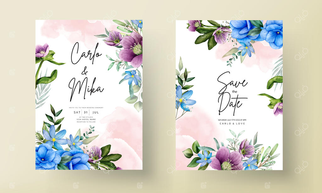 الگوی کارت عروسی گلدار با آبرنگ زیبا