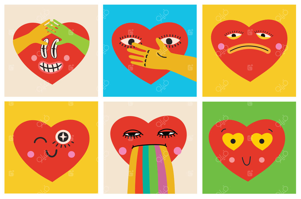 عشق نوستالژیک و چهره‌های خندان هیپی و قلب‌های عاشقانه - مجموعه وکتور برای روز ولنتاین