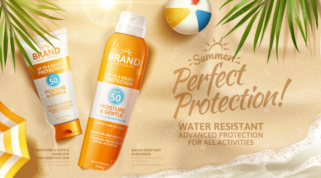 اسپری و کرم ضد آفتاب تابستانه روی شن با طراحی سه‌بعدی: تبلیغات کرم ضد آفتاب همراه با توپ ساحلی و برگ‌های نخل