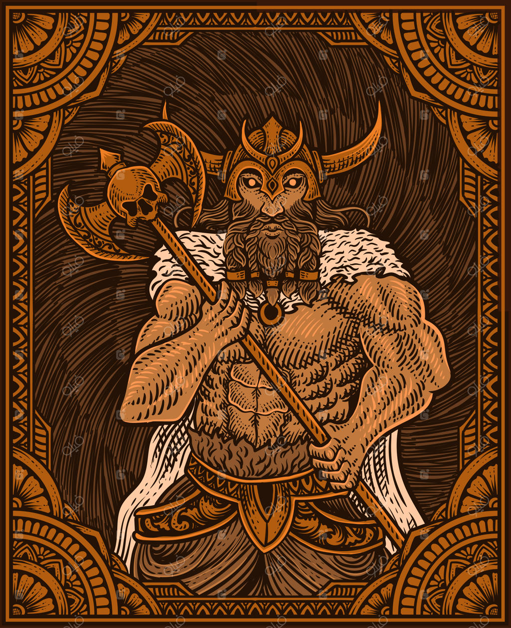 تصویر جنگجویان وایکینگ باستان با قاب زینتی حکاکی شده