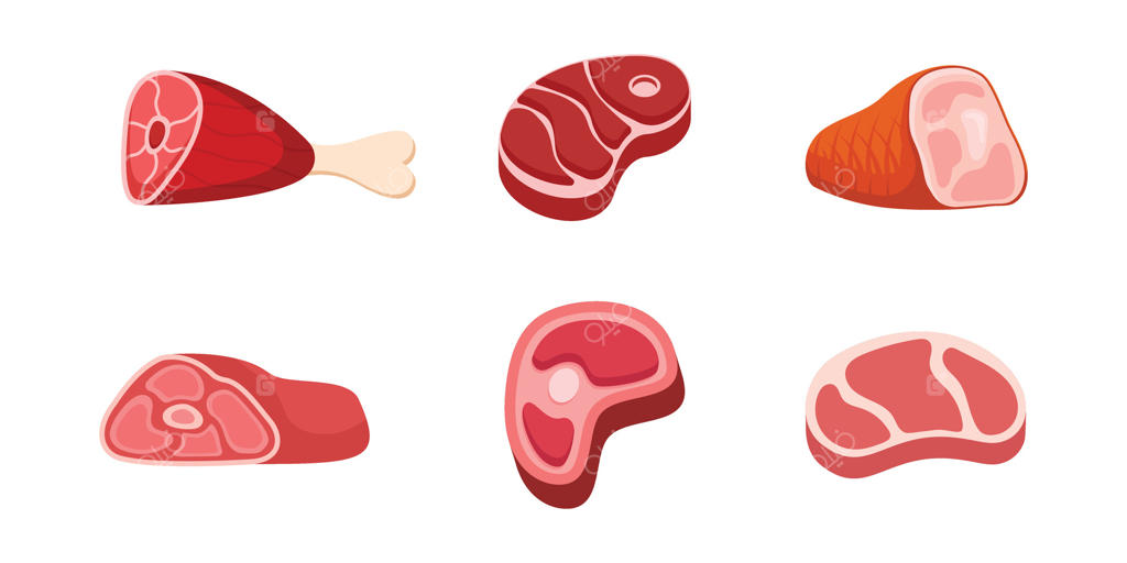 مجموعه آیکون‌های گوشت خام به سبک تخت. تصویر گوشت گوسفند یا گاو در پس‌زمینه‌ای جدا. نماد تجاری غذای پروتئین سرخ‌شده.