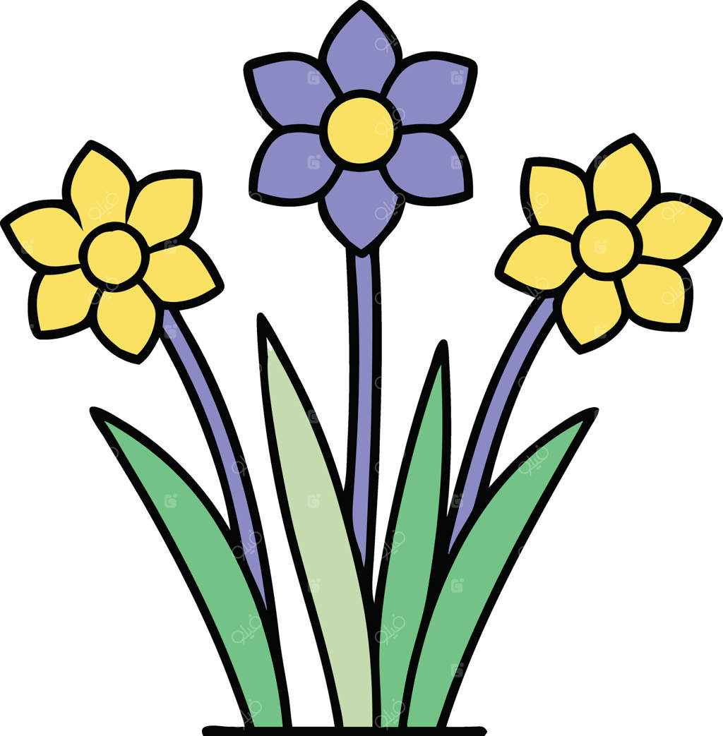 گل‌های بهاری رنگارنگ: نرگس و شکوفه‌های بنفش در باغ