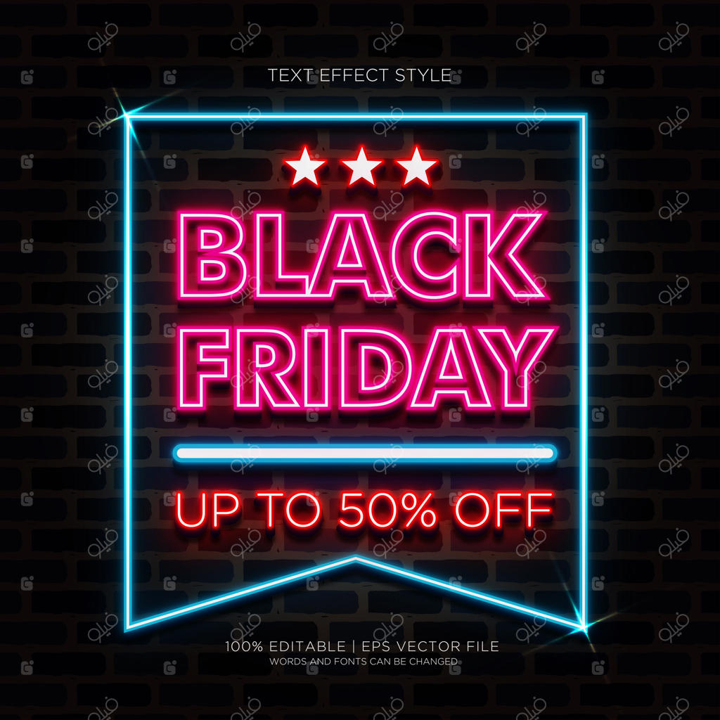 بنر حراج جمعه سیاه با افزایش 50% و متن‌های نئون