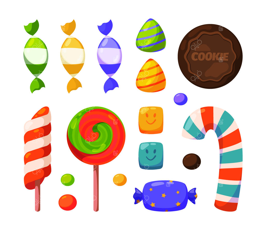 مجموعه آبنبات و شیرینی برای جشن تولد: تصاویر کارتونی وکتور آبنبات چوبی و ژله‌های رنگارنگ