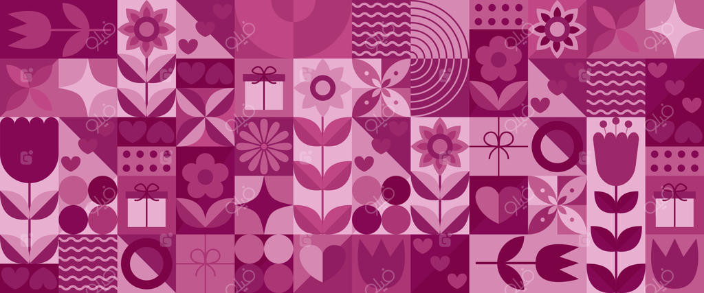 روز مادر: پس‌زمینه مدرن و هندسی - بنر جشن همراه با گل‌ها، جعبه‌های هدیه، قلب‌ها و اشکال هندسی - تصویرسازی