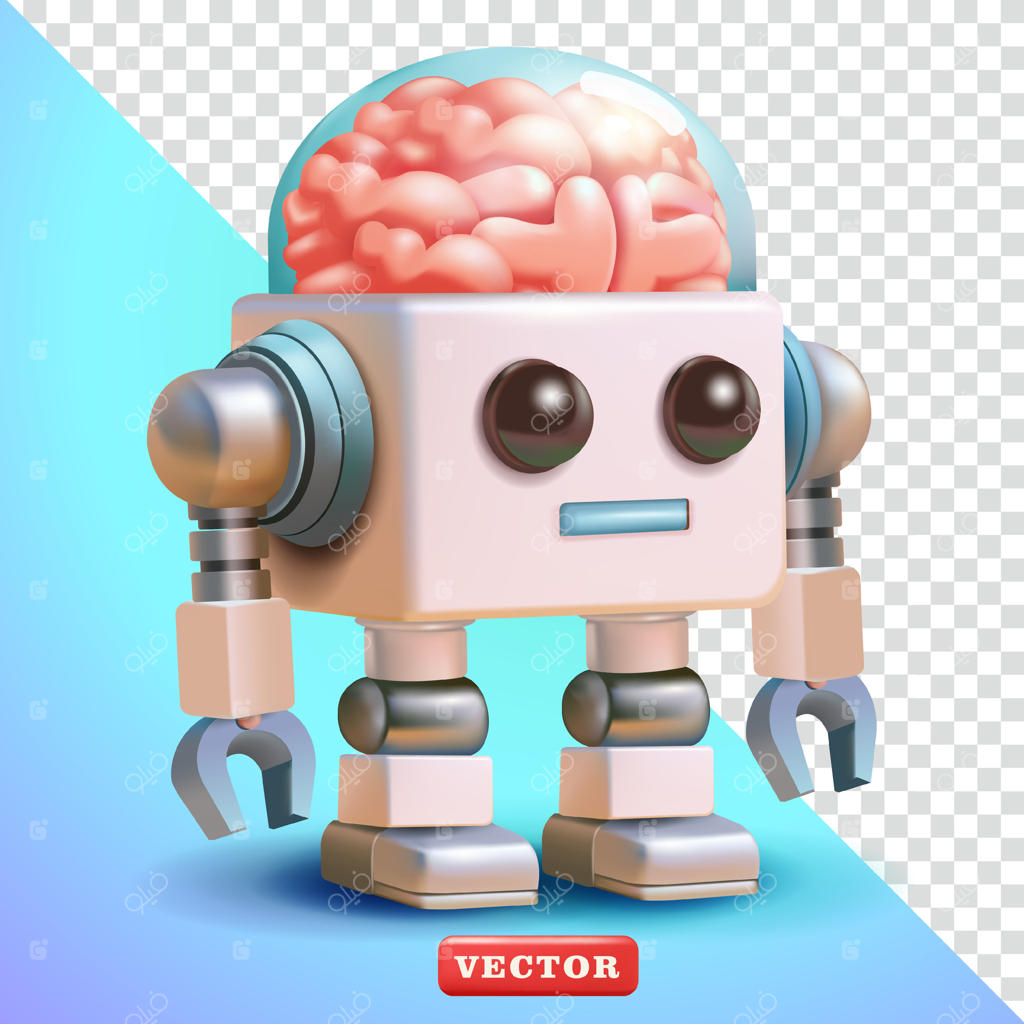 ربات بامزه با مغز شفاف، سه‌بعدی. مناسب برای عناصر طراحی و فناوری