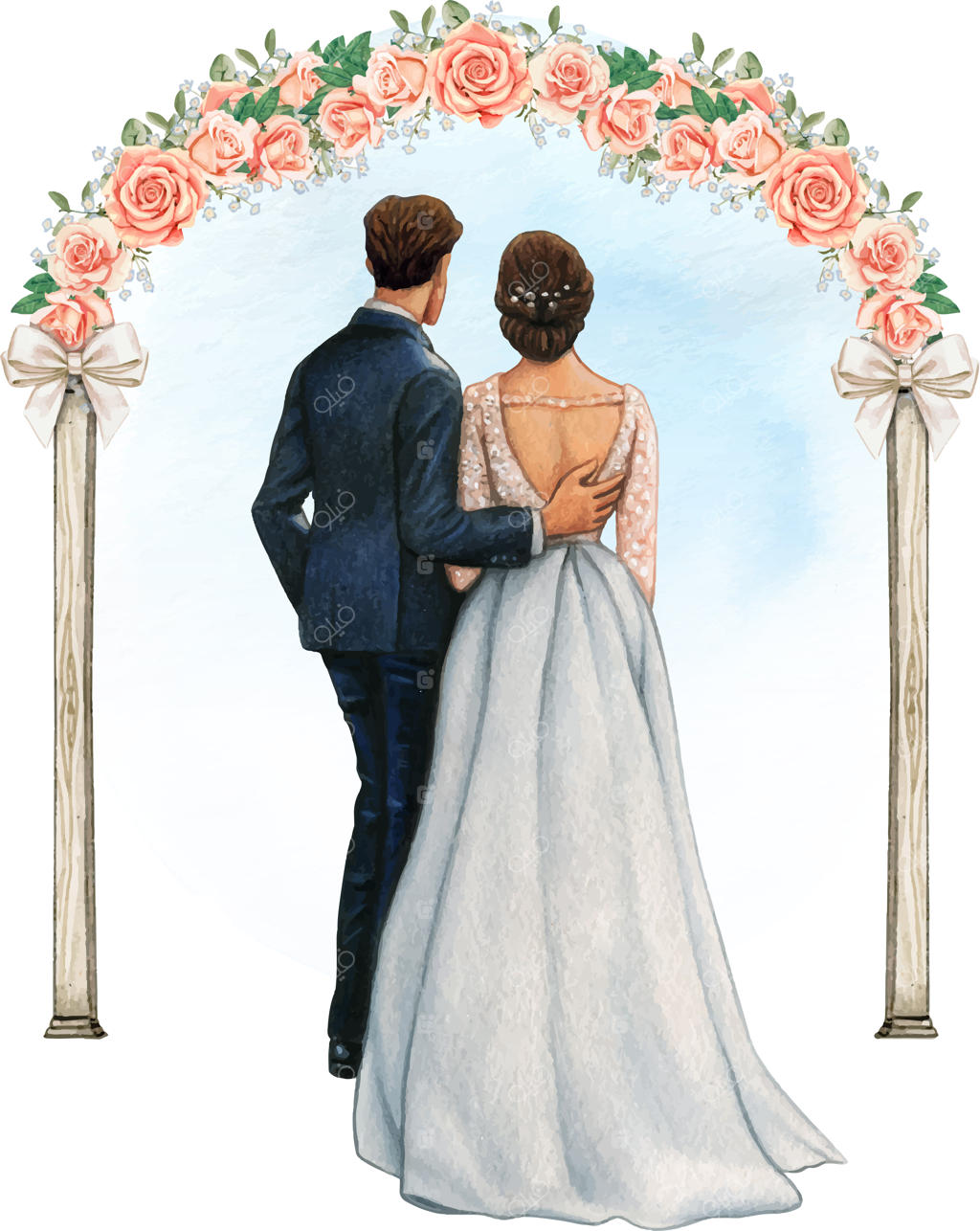 عروس و داماد در آغوش هم زیر طاق گل رز عروسی آبرنگی