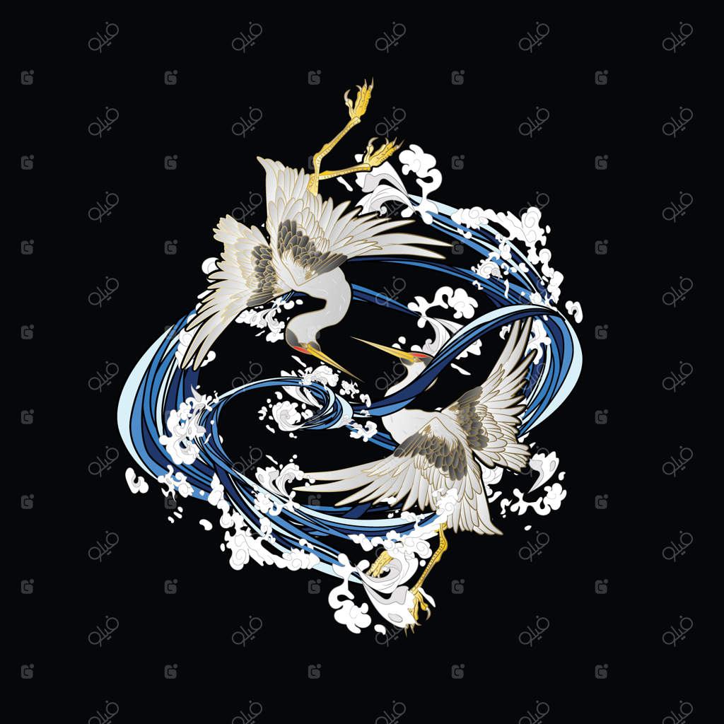 طراحی تصویر جرثقیل برای سوکاژان به معنای لباس یا تی‌شرت سنتی ژاپنی و لوگو است.