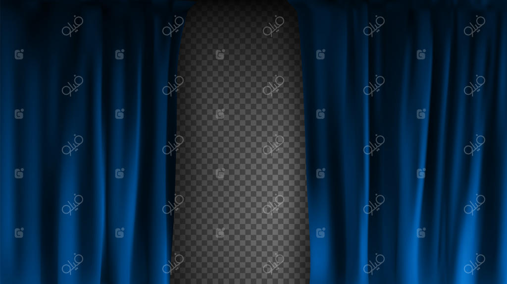 تصویرسازی پرده مخمل آبی چین‌دار و واقع‌گرایانه با پس‌زمینه شفاف؛ مناسب برای سینما و منزل