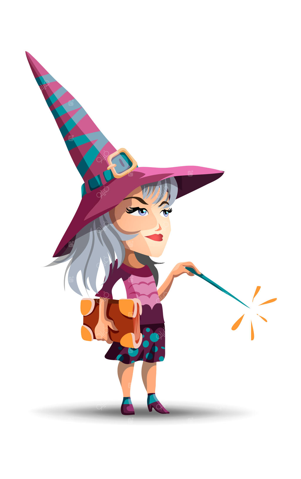 جادوگر زیبا با کلاه بلند، کتاب و چوب‌دستی جادویی در دست؛ دختری با لباس جادوگری برای هالووین