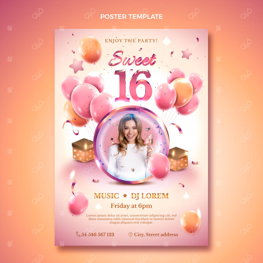 قالب پوستر رنگارنگ و جذاب جشن تولد ۱۶ سالگی