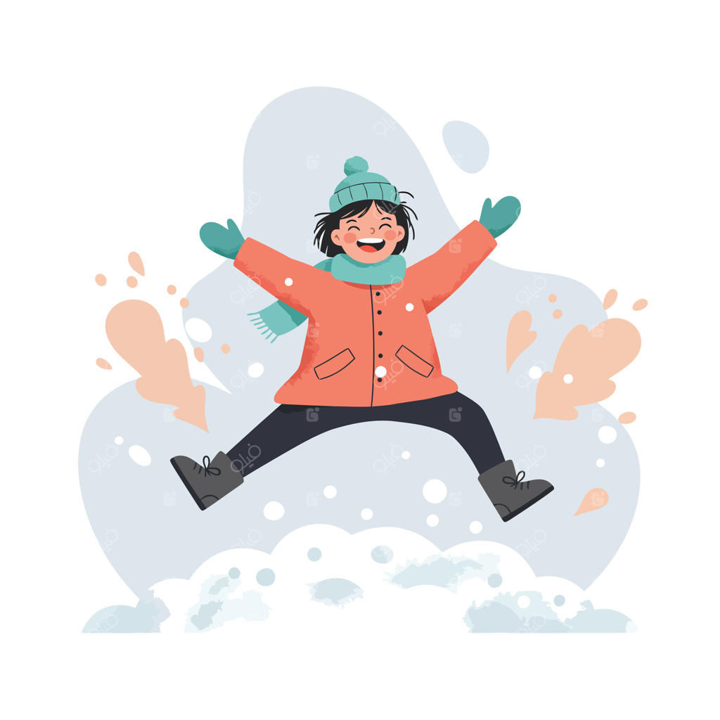 کودک با لباس‌های گرم و رنگارنگ زمستانی در حال پریدن شادمانه در منظره برفی