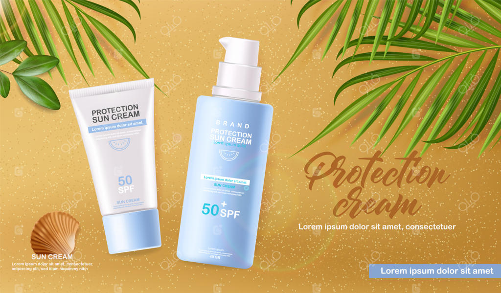 بطری ضد آفتاب واقع‌گرایانه سه‌بعدی، بنر گرمسیری ساحل، کرم ضد آفتاب محافظ، تصویرسازی لوازم آرایشی SPF 50 برای تابستان