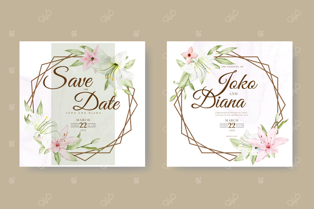 قالب زیبا برای کارت دعوت عروسی با گل‌های سوسن سفید