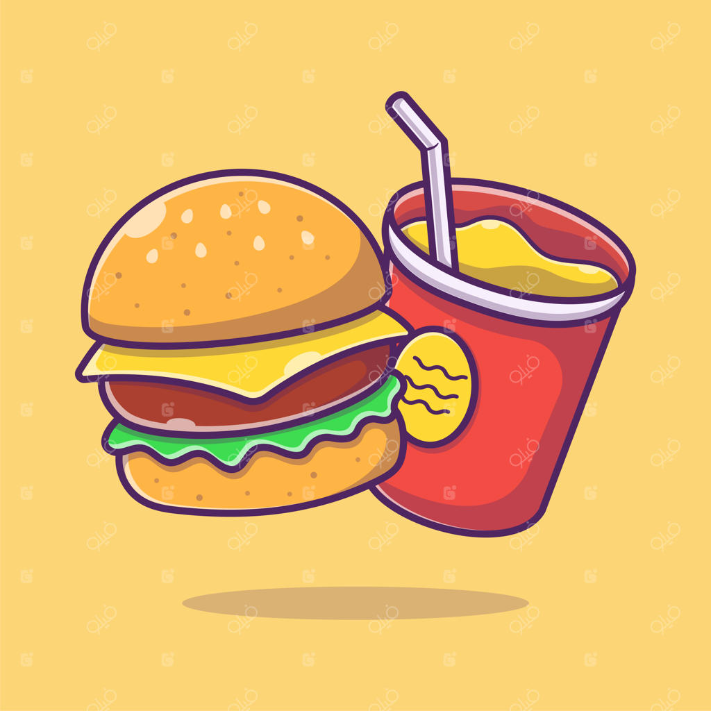 تصویر کارتونی برگر و نوشابه. چیزبرگر