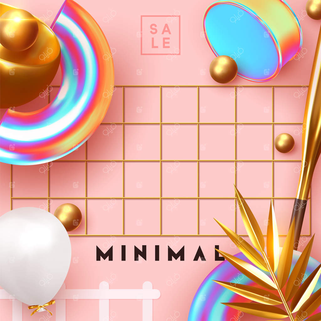 پس‌زمینه مینیمالیستی خلاقانه و انتزاعی: طراحی واقع‌گرایانه اشیاء سه‌بعدی با اشکال مختلف، برگ‌های نخل طلایی، کره و توپ‌های گرد، الگوهایی با اشکال هندسی. بنر و پوستر، تصویرسازی برداری