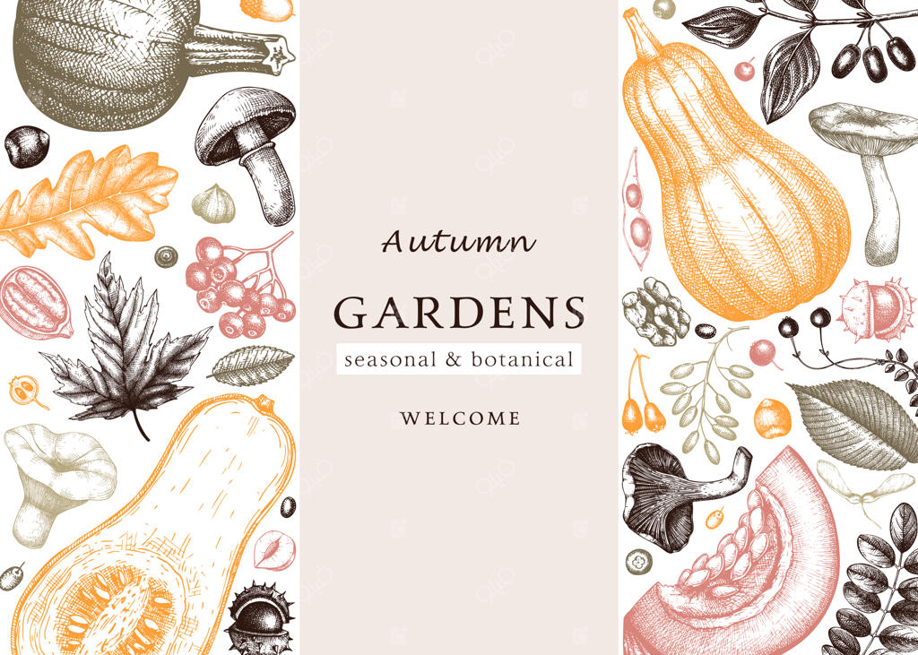 پاییز طراحی‌شده با دست در رنگ‌های نوستالژیک: قالب گیاهی شیک و مدرن با برگ‌های پاییزی، کدو تنبل، توت‌ها و قارچ‌ها. ایده‌آل برای دعوت‌نامه، کارت‌ها، بروشورها، منو و بسته‌بندی.