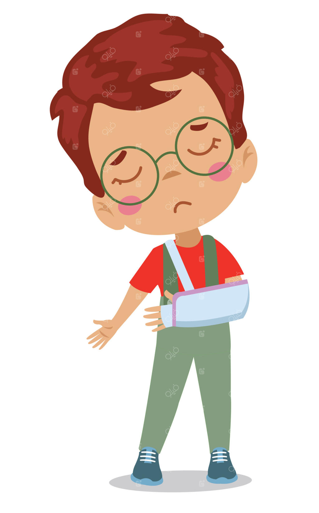 کودک غمگین با دست شکسته