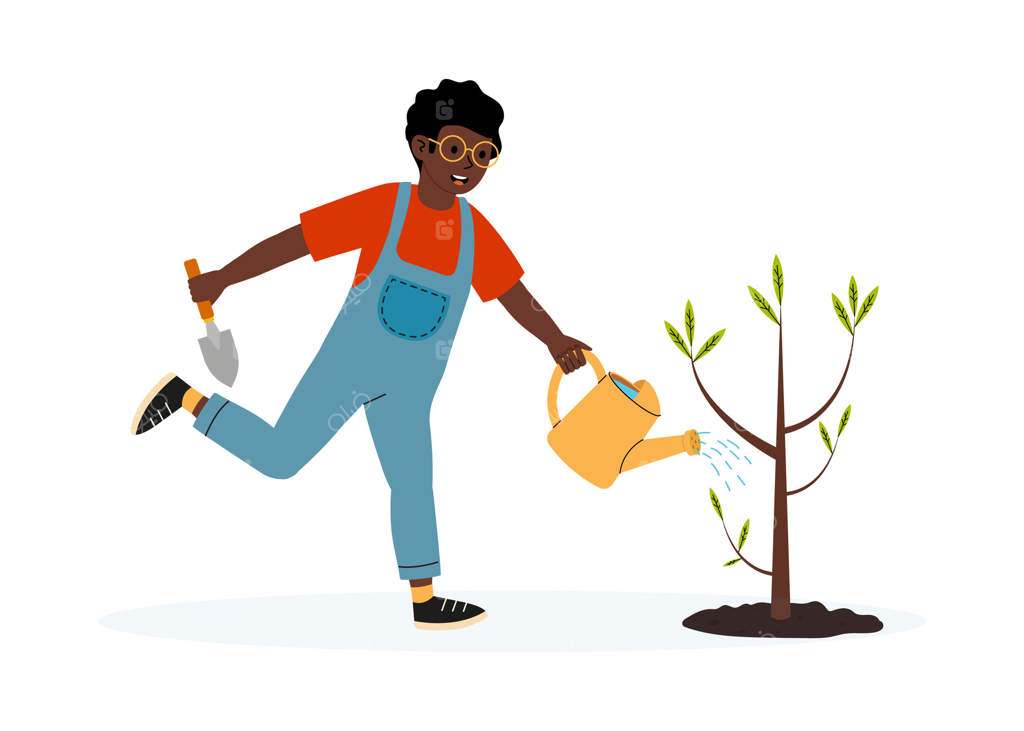 جوانی در حال آب دادن به درخت تازه کاشته شده در باغی پرنشاط در یک روز آفتابی