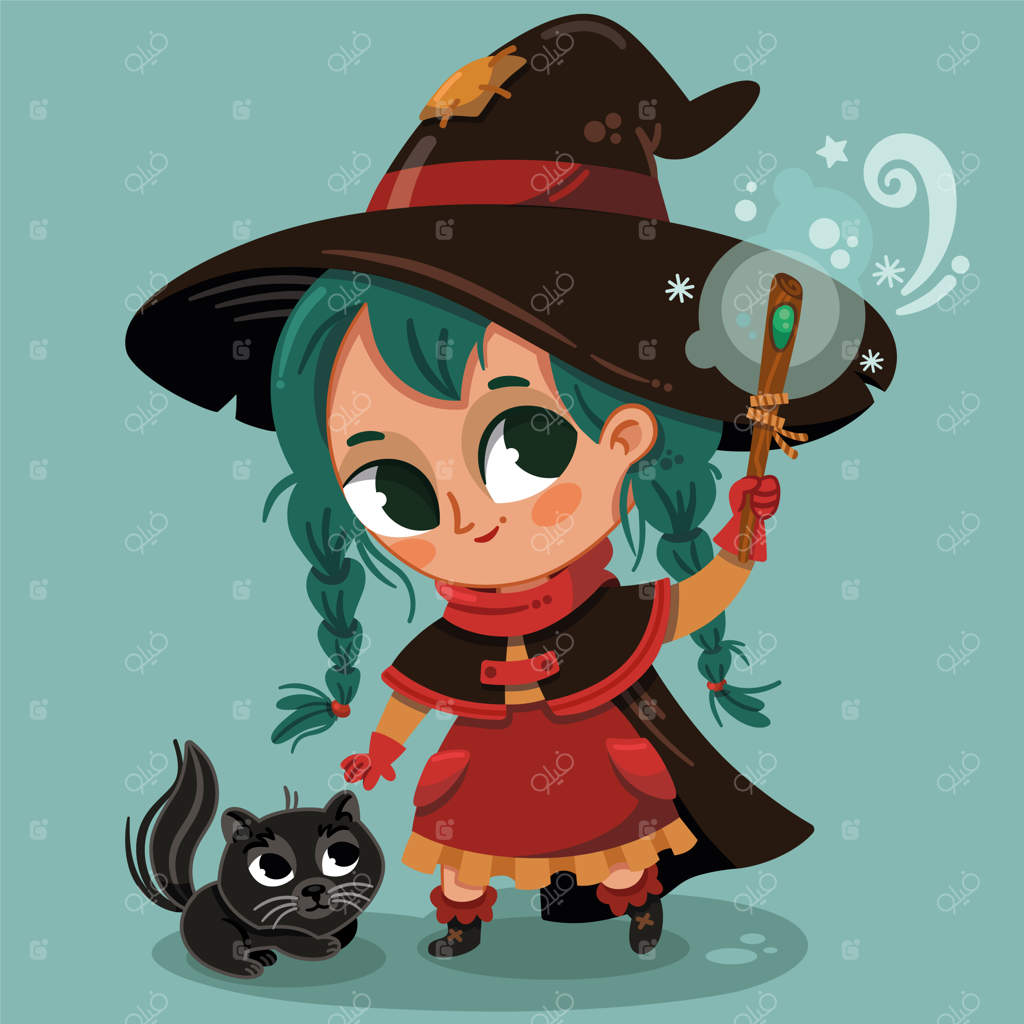 تصویری از یک جادوگر بامزه و گربه‌اش.