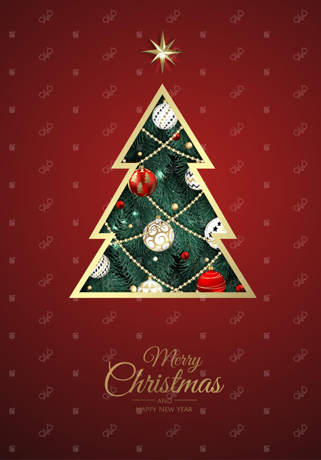 کریسمس مبارک و سال نو خوش. پس‌زمینه‌ای برای کریسمس با درخت کریسمس، دانه‌های برف، ستاره و توپ‌ها. کارت تبریک، بنر تعطیلات، پوستر وب