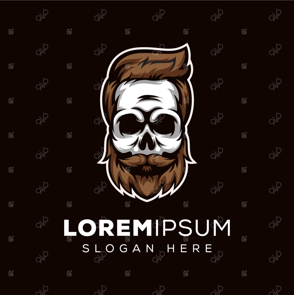 تصویر وکتور جمجمه ریش‌دار. جمجمه با مو. طرح لوگوی آرایشگاه هیپستری برای جمجمه