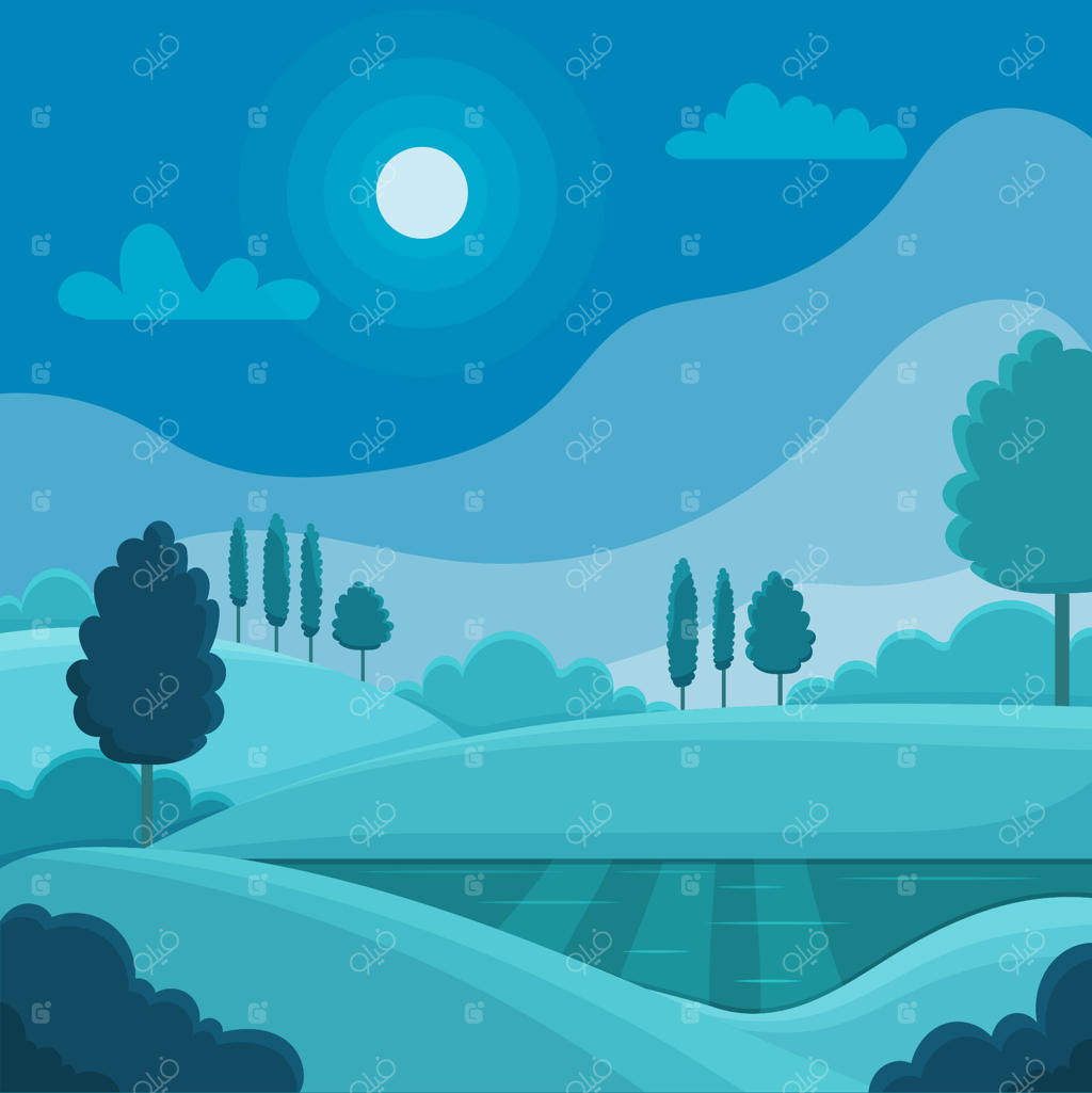 تصویرسازی منظره شبانه طبیعت روستایی با ماه کامل و آسمان پرستاره